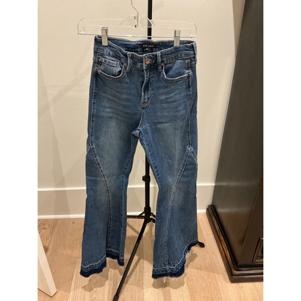 Dear John Women Medium Wash Flare Jeans Raw Hem Size 25 Blue Seam Detail